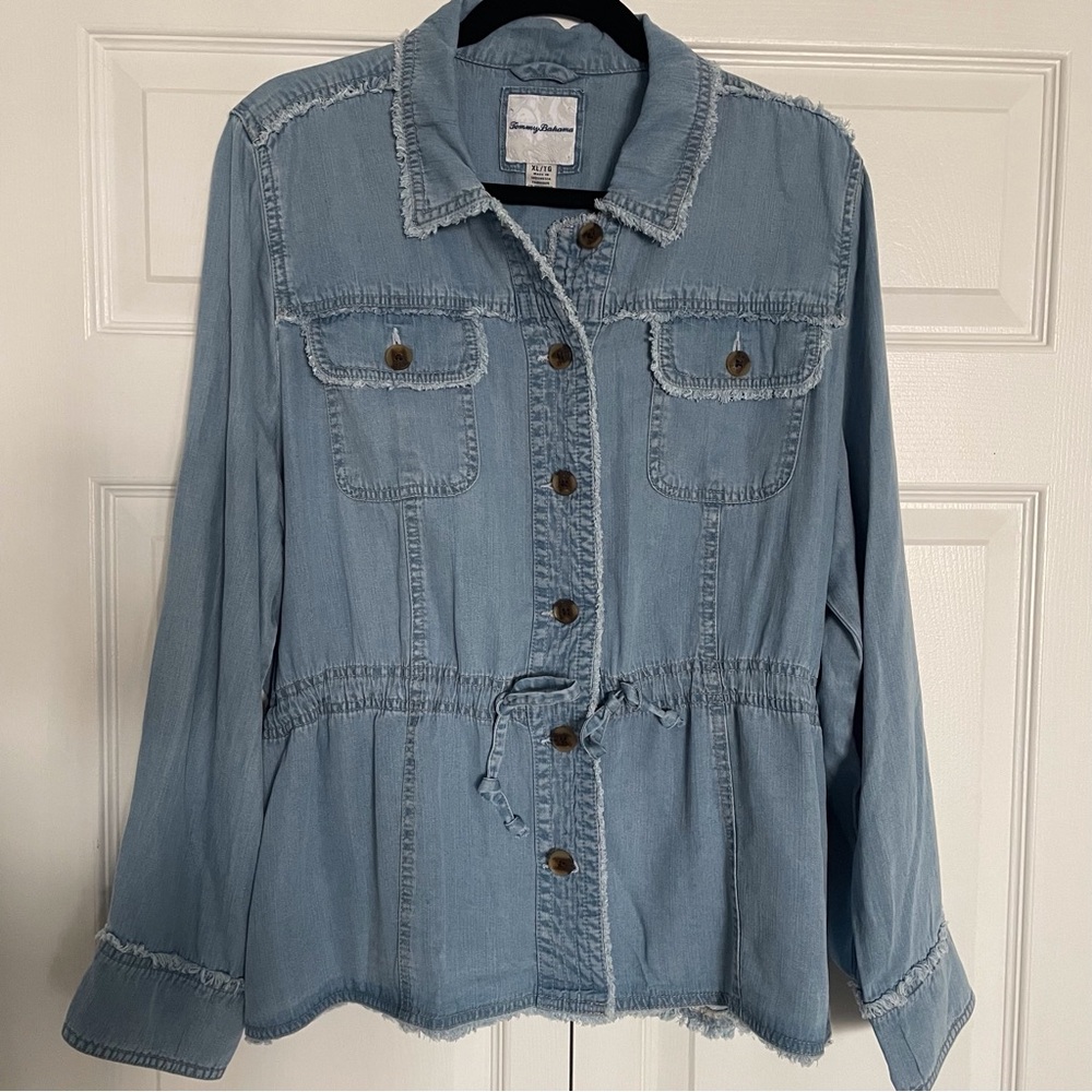 Tommy Bahama Light Blue Jean Jacket with Drawstring Waist - Picture 3 of 8